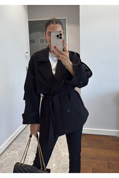 My Blog Black Oversize Off Shoulder Short Trench - 9580