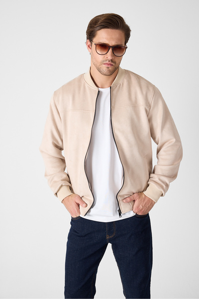 GEİO Men's Regular Fit Zippered Lined Nubuck College Jacket/Moon