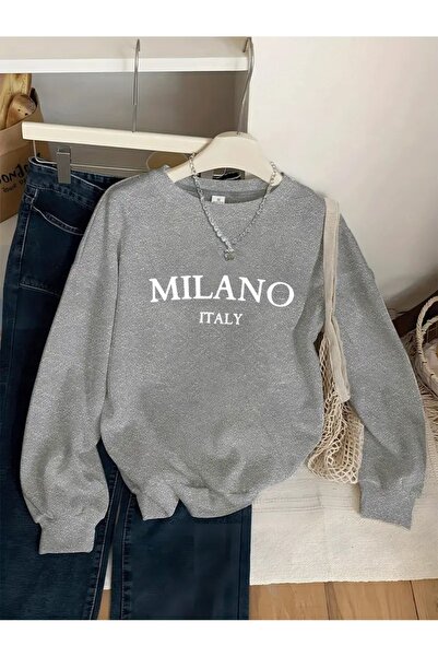 WOODROFFE Γυναικείο φούτερ Milano iTAly με στάμπα με λαιμόκοψη, γκρι μαύρο, o...