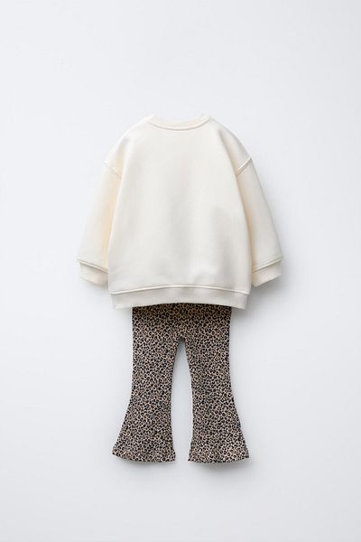 Magu Girl's Cotton Ecru Heart Appliqued Sweatshirt and Leopard Patterned Flare Leggings Set