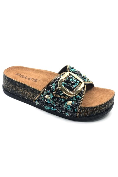 KCMN Feles Single Buckle Cork Sole Stone Detailed Women's Slippers Black
