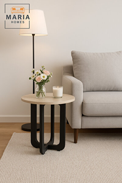 MARIA HOMES طاولة جانبية خشبية دائرية حديثة - أرجل قاعدة سوداء 45×55 سم