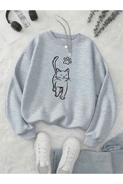 FUFLUNS Patili Cat Printed Oversize Unisex Women/Men's Circle Neck Sweatshirt