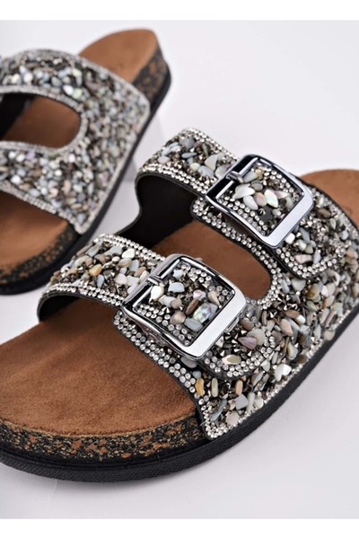 KCMN Feles Double Buckle Cork Sole Stone Detailed Women's Slippers Gray