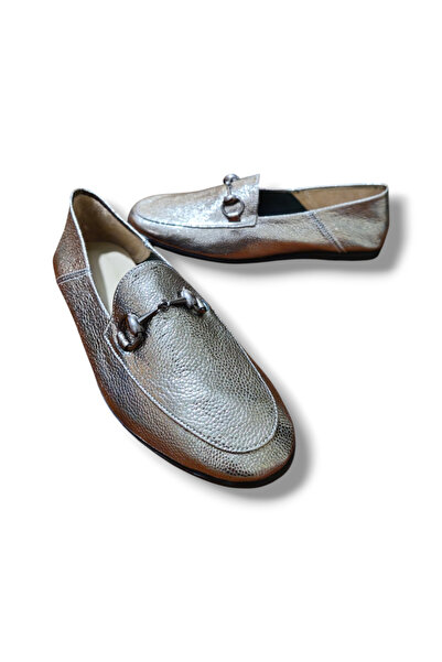 BARONES SHOES Women's Metallic Silver Genuine Leather Loafer - Metal Buckle