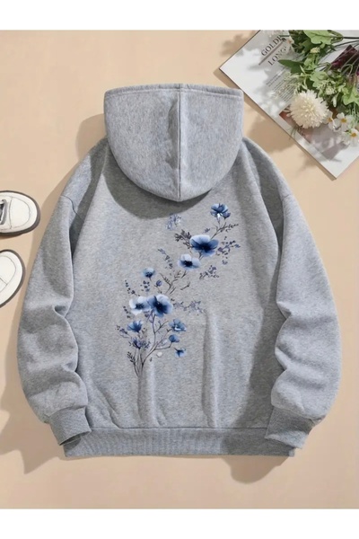 FUFLUNS سويت شيرت بقلنسوة كبير الحجم للجنسين للنساء/الرجال مطبوع عليه زهرة زرقاء