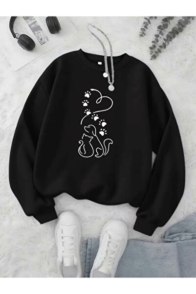 FUFLUNS سويت شيرت برقبة دائرية للجنسين للنساء/الرجال مطبوع عليه CAT&DOG