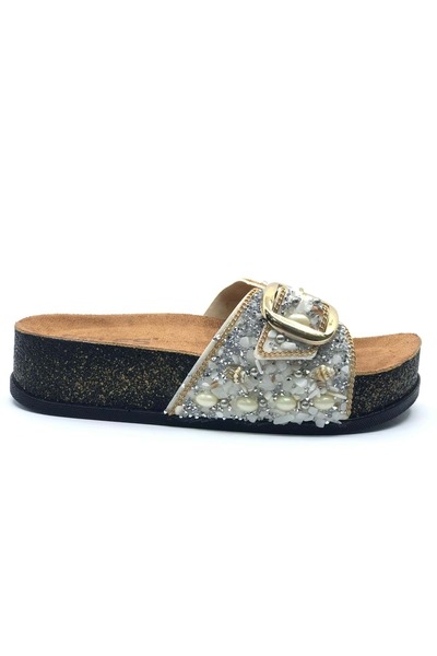 KCMN Feles Single Buckle Cork Sole Stone Detailed Women's Slippers Silver