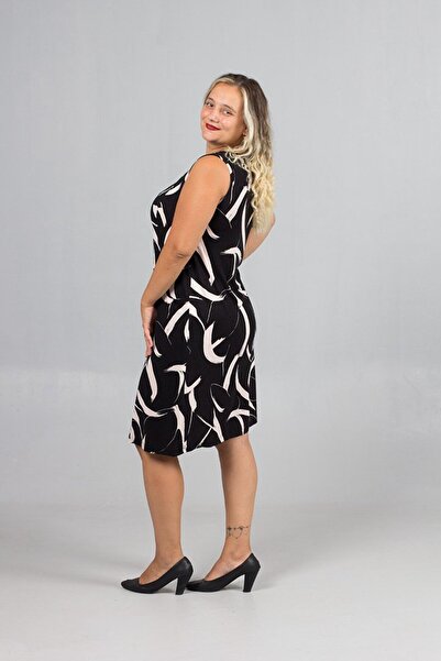 Truva XXL Plus Size Black Patterned Sleeveless Lycra Viscose Dress – Summer Chic with Front Pocket