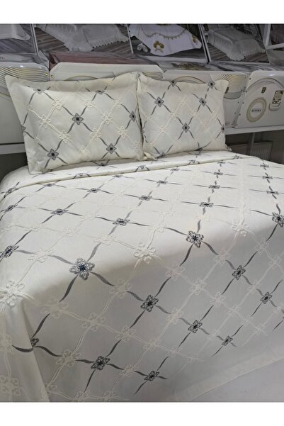 ESTİMA Aslan Tekstil Miray Gri Nakışlı Çift Kişilik Pike Örtü 3 Parça Yatak Örtüsü