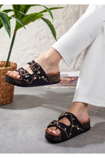 KCMN Feles Double Buckle Cork Sole Stone Detailed Women's Slippers Black
