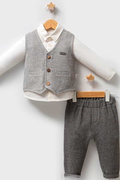MixMax Bebe Baby Boy Customary Sleeveless Button down Vest-Long Sleeve Sweatshirt-Bottom 3-Piece Suit Set