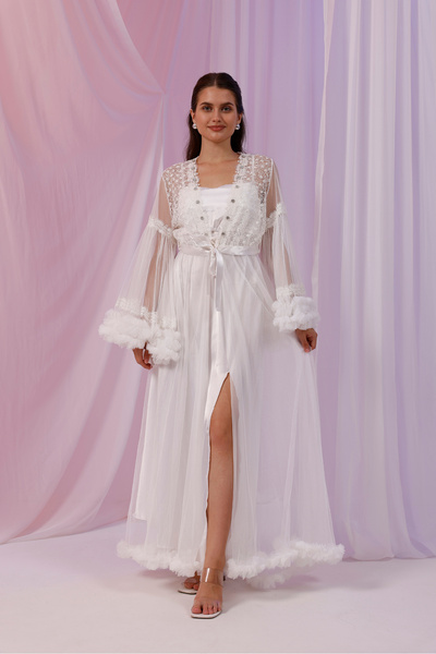 Yulem Homewear Ecru Fancy Lace and Stone Embroidered Satin Nightgown-Dressing Gown Set