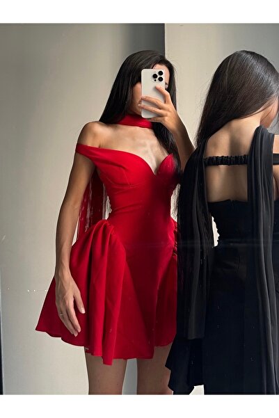 Saverabutik Kalp yaka tül pelerin kırmızı mini elbise