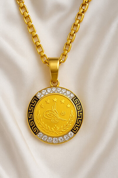 mira bujiteri Altın Kaplama Osmanlı Tuğralı Madalyon Çelik Kolye