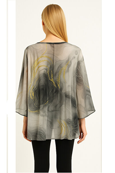 CELTMODA Women's Patterned Buttoned Undershirt Bat Sleeve Imported Silk Blouse - Black