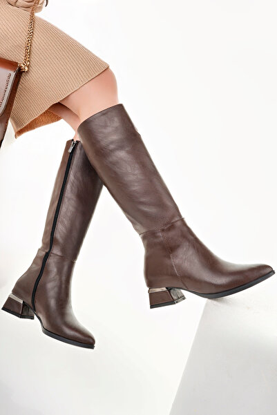 Burando Kadın Kahverengi Diz Altı Topuklu Çizme – Su Geçirmez, Ortopedik, Sıc...