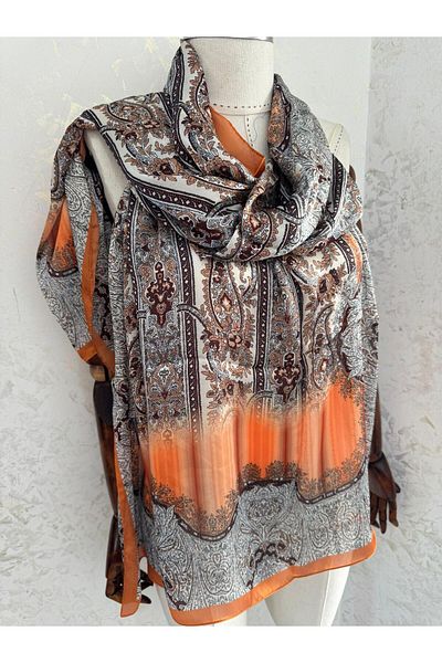 NP Imported Ethnic Pattern Voile Silk Shawl - Orange