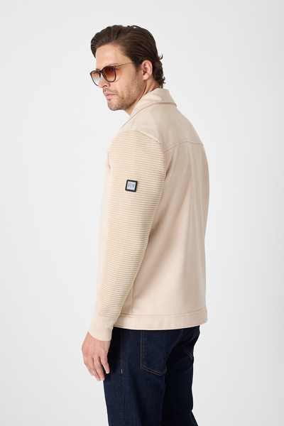 GEİO Men's Regular Fit Collar Zippered Lined Sleeve Knitted Nubuck Jacket/Coat