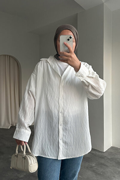 HYWONA Women's Self Striped Hijab Shirt White