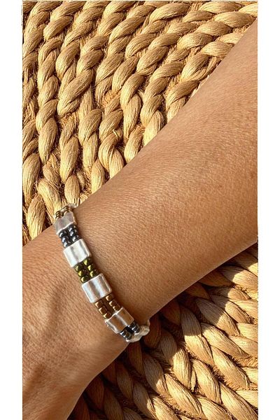 Bensei Takı Dükkanı Bensei̇ Silver Color Lacquer Finish Accessory, Miyuki Beaded Bracelet with Steel Lock and Chain