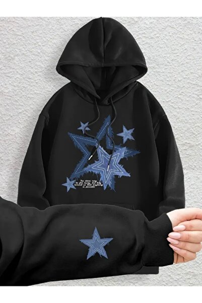 FUFLUNS Blue Stars Front and Sleeve Printed Oversize Unisex Women/Men Hooded ...