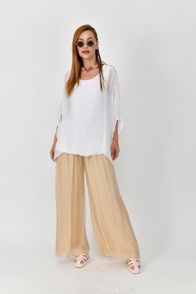 CELTMODA Women's Lined Imported Silk Trousers - Cream