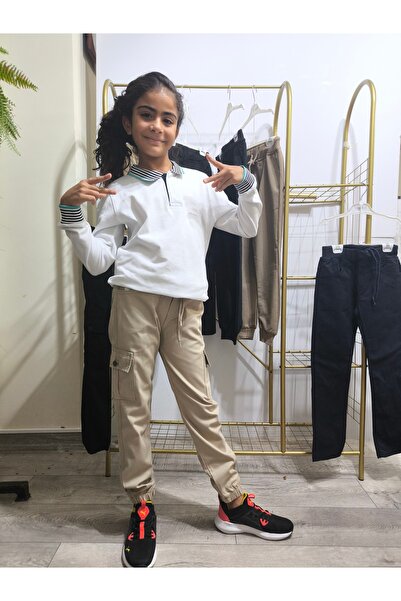 BY MİK COLLECTİON Çocuk Komando Cep Pantolon, Okul Gabardin, Kırışmaya Dayanıklı Rahat, Paça Bel Lastikli