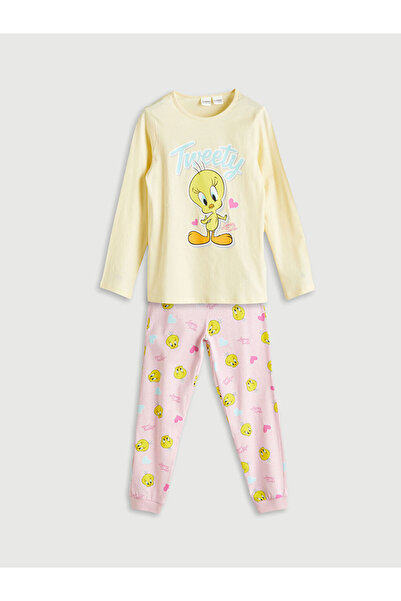 LC Waikiki Sari Bisiklet Yaka Tweety Baskılı Kız Çocuk Pijama Takımı