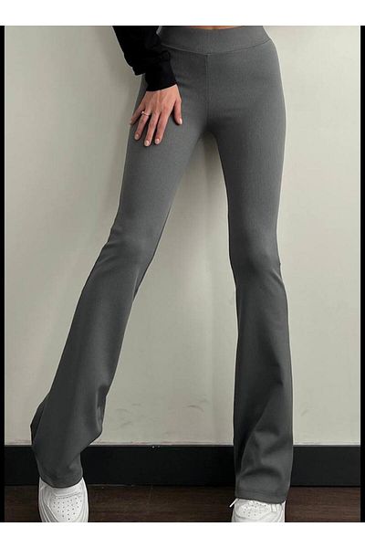 Intisimo Flared Pants with Ribs, Lycra, Striped Look, High Waist, Dark Grey - 2XL