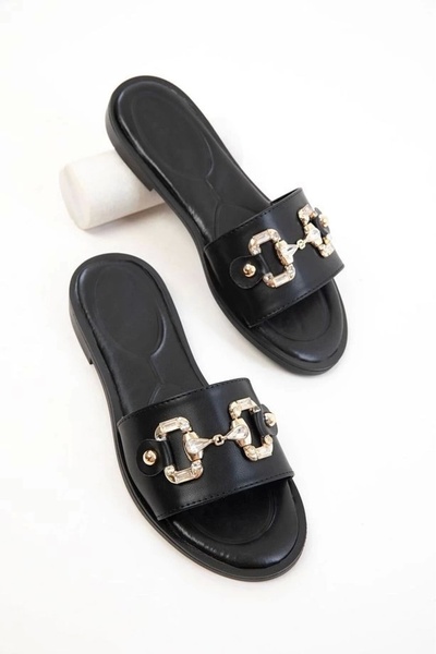 STILVANA Toha Black Leather Buckle Slippers