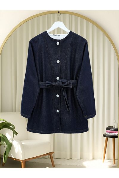 Modamorfo Belted Buttoned Round Neck Denim Jacket -K.Laci