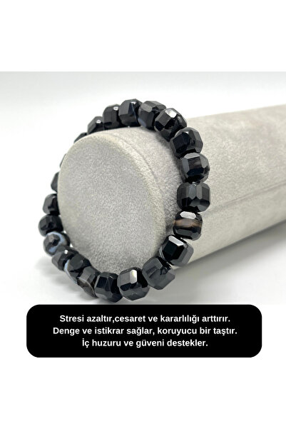 YILDIZ DOĞAL TAŞ SERTİFİKALI Siyah Göz Akik Küp Kesim Lastikli Doğal Taş Bileklik 8 mm