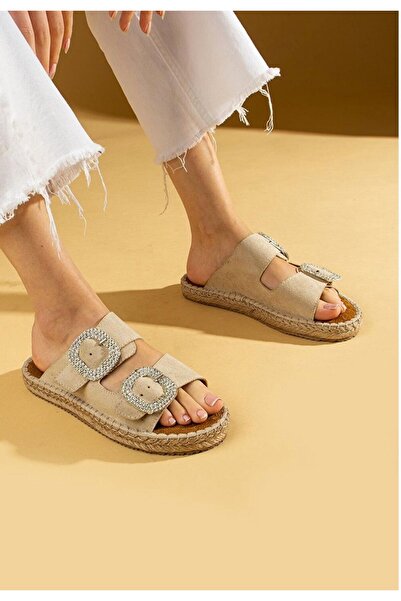 Erbilden Hertas Beige Nubuck Buckle Slippers