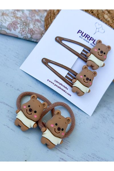 PURPLE'S BİR TUTAM MUTLULUK Set of 4 Buckles with Cute Teddy Bear Figure // Baby Kids Buckle // Girls Buckle // School Buckle