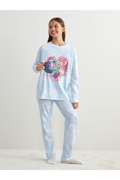 LC Waikiki Blue Crew Neck Stitch and Angel Printed Girls' Pajama Set