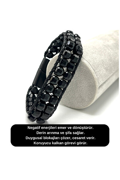 YILDIZ DOĞAL TAŞ SERTİFİKALI Obsidyen Çift Sıra Küp Kesim Kilitli Doğal Taş B...