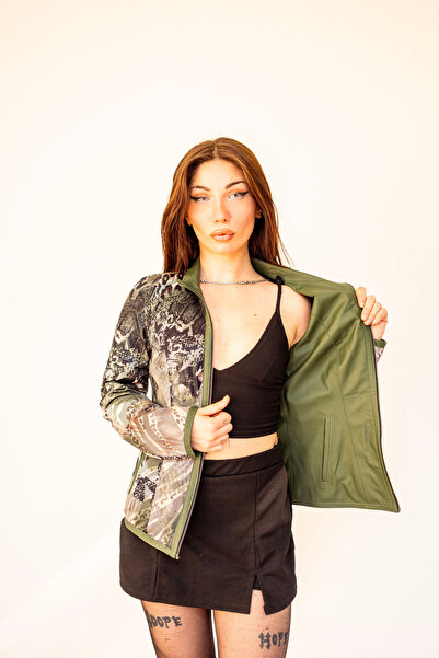 CAVRO LEATHER Kadın Hakiki Deri Çift Taraflı Fermuarlı Ceket – Yeşil & Yılan-...