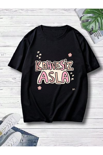 ELNOYA Unisex Black Oversize "Ckahvesiz Never" Printed Crew Neck Comfortable T-Shirt