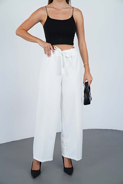 makarimato Modern Wide Leg Women's Double Fabric Trousers with Belt