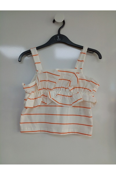 NK KIZ ÇOCUK ÇİZGİLİ EKRU-ORANJ CROP BLUZ