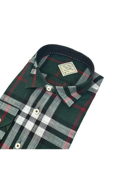 GÖMLEK GALERİSİ Slim Fit Cut Plaid Linen Long Sleeve Men's Shirt