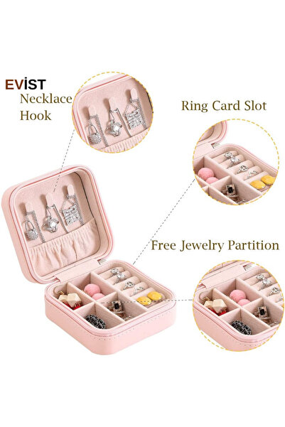 EVİST Evist- صندوق مجوهرات وحقيبة بسحاب - جلد صناعي - 4 أقسام + 6 حلقات + 3 ح...