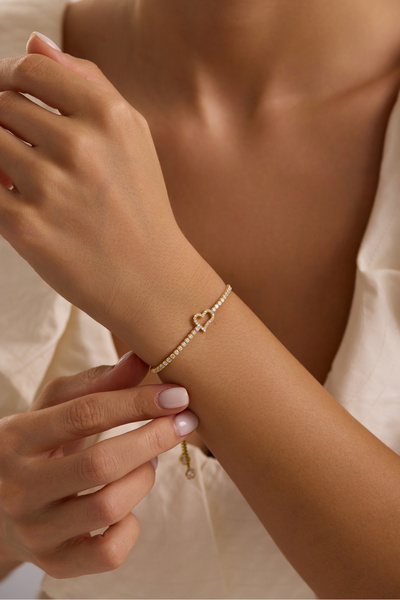 Nereze 925 Ayar Gümüş Gold Kaplama Ayarlanabilir Asansörlü Su Yolu Kalp Model Bileklik