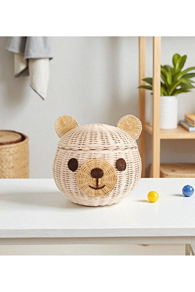 Felis Arte Natural Bamboo Handmade Teddy Bear Basket, Storage Box, with Lid, (Rattan Bear Basket)