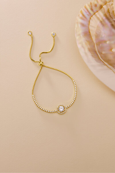 Nereze 925 Ayar Gümüş Gold Kaplama Ayarlanabilir Asansörlü Su Yolu 7 mm Yuvarlak Tektaş Model Bileklik