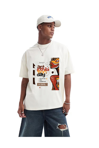 ELNOYA Unisex White Oversize "Art Exhibition Day" Printed Crew Neck Comfortable T-Shirt