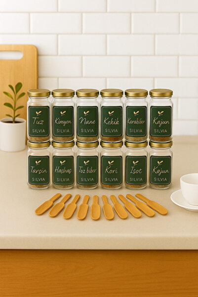 silvia home decor 12’li Gold 240 ML Baharatlık Takımı - 12 Adet Ahşap Kaşık -...