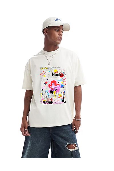 ELNOYA Unisex Cotton White Oversize "Nuclear" Printed Crew Neck Comfortable T-Shirt