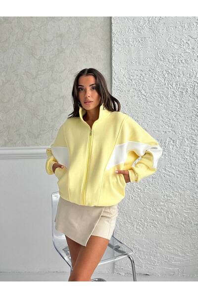 Zeynep Öykü Style Women's 3 Thread Combed Cotton Fabric Raised Garnished Color Block Oversized Cardigan Tracksuit Top Sweatshirt